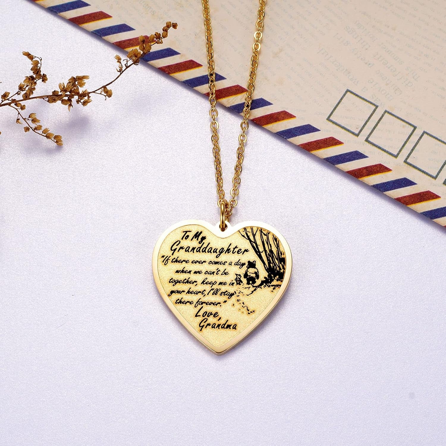 to My Granddaughter Necklace Keychain from Grandma Grandpa, Pooh Bear Piglet Jewelry Gifts for Granddaughter, Inspirational Heart Pendant Gift for Granddaughter from Grandparents