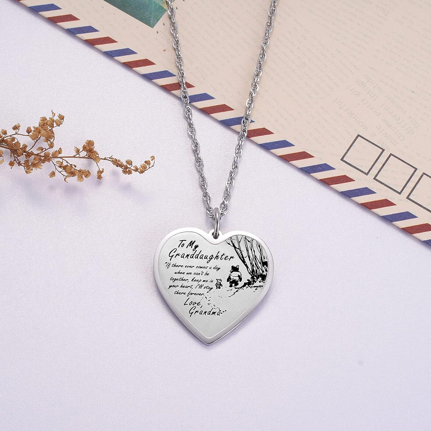 to My Granddaughter Necklace Keychain from Grandma Grandpa, Pooh Bear Piglet Jewelry Gifts for Granddaughter, Inspirational Heart Pendant Gift for Granddaughter from Grandparents