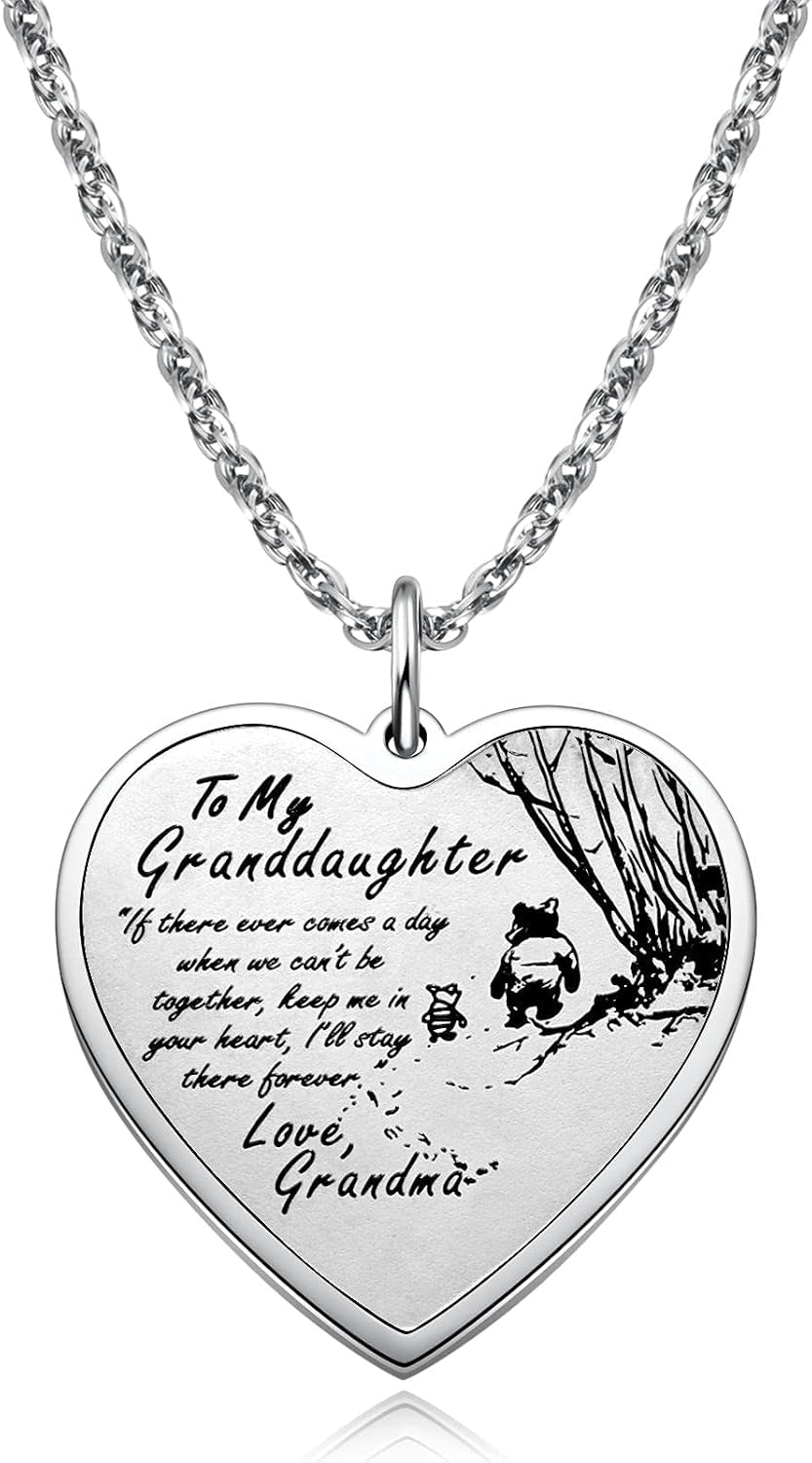 to My Granddaughter Necklace Keychain from Grandma Grandpa, Pooh Bear Piglet Jewelry Gifts for Granddaughter, Inspirational Heart Pendant Gift for Granddaughter from Grandparents