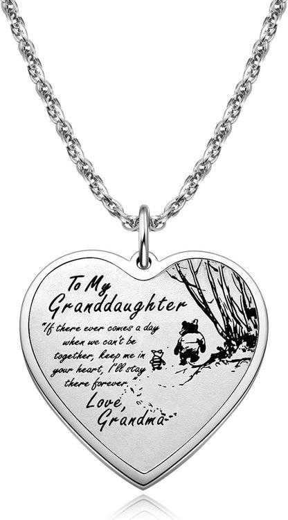 to My Granddaughter Necklace Keychain from Grandma Grandpa, Pooh Bear Piglet Jewelry Gifts for Granddaughter, Inspirational Heart Pendant Gift for Granddaughter from Grandparents