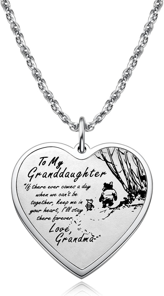 to My Granddaughter Necklace Keychain from Grandma Grandpa, Pooh Bear Piglet Jewelry Gifts for Granddaughter, Inspirational Heart Pendant Gift for Granddaughter from Grandparents